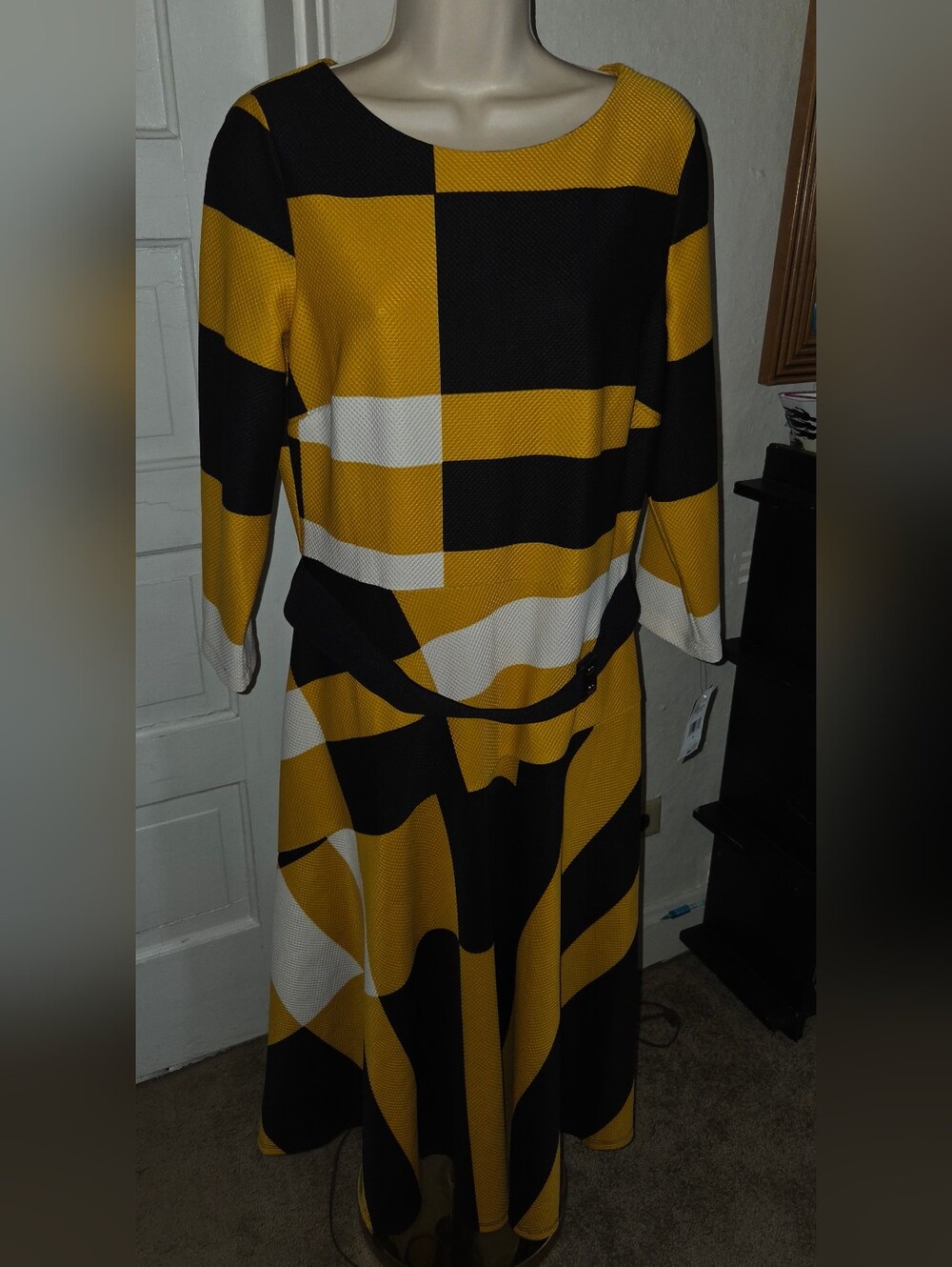 Danny & Nicole Black, Yellow and White Geometric Midi Dress